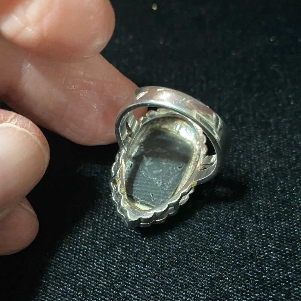 Vintage 925 MR sterling silver onyx gemstone marcasite Floral Ring